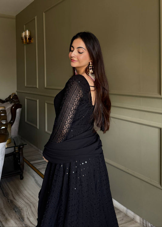 Black Flow Flared Anarkali Set