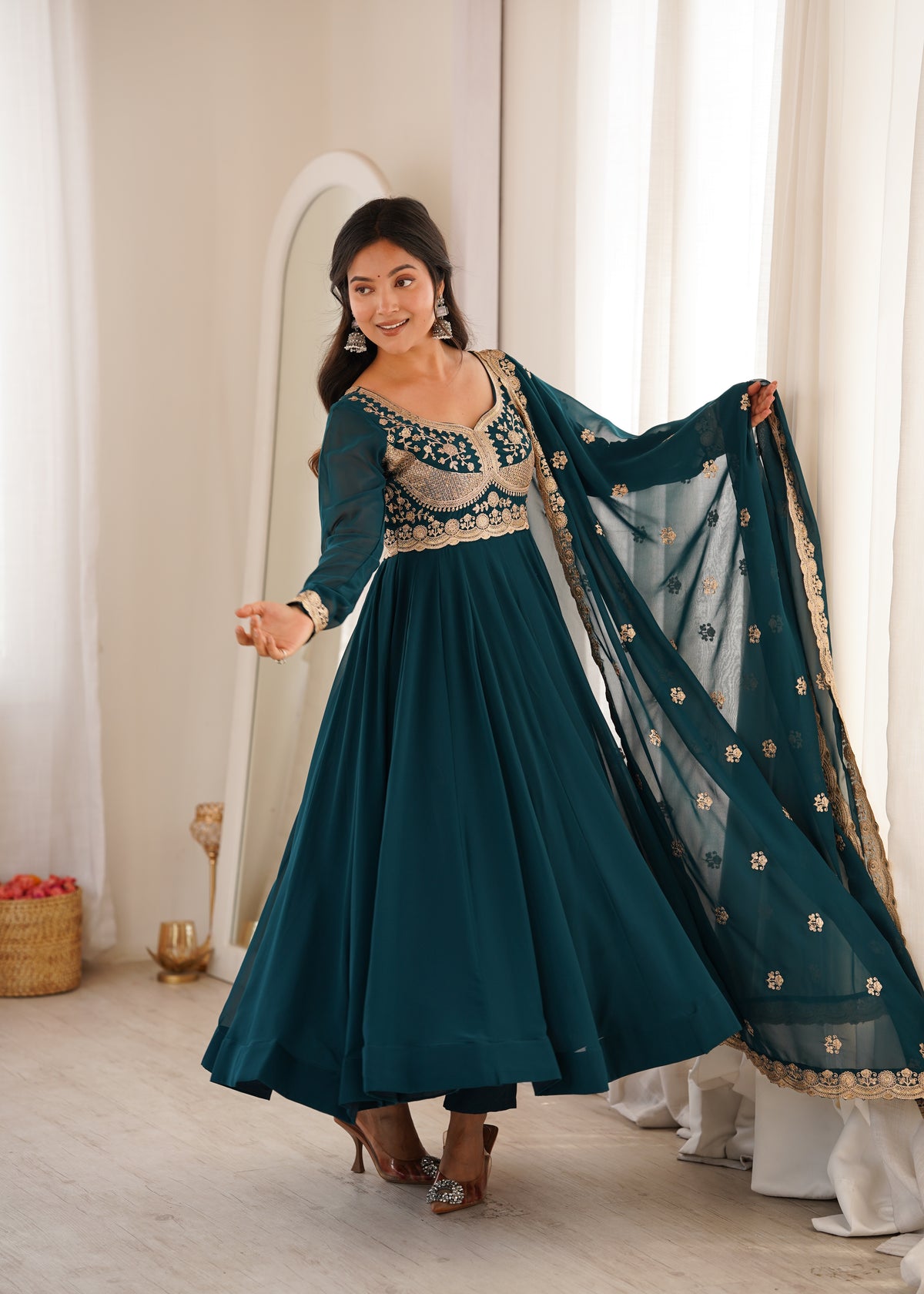 Teal Sequin Embroidered Gown Set