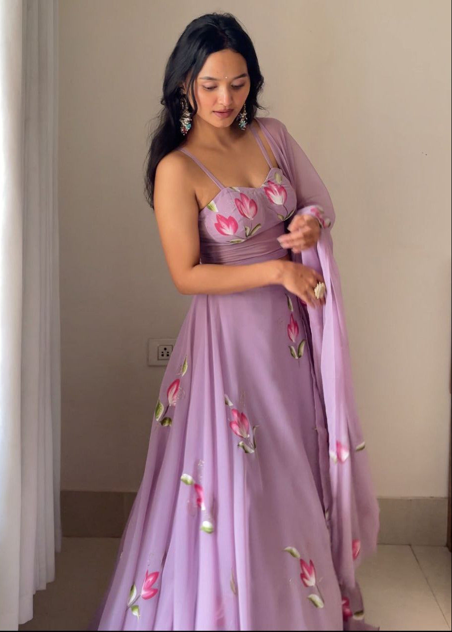 Soft Purple Hand-Painted Lehenga Set