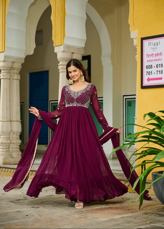 Wine Gown With Beads Embroidery Gown