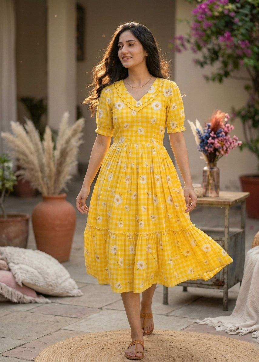 Dreamy Pastel Checked Flare Maxi Dress