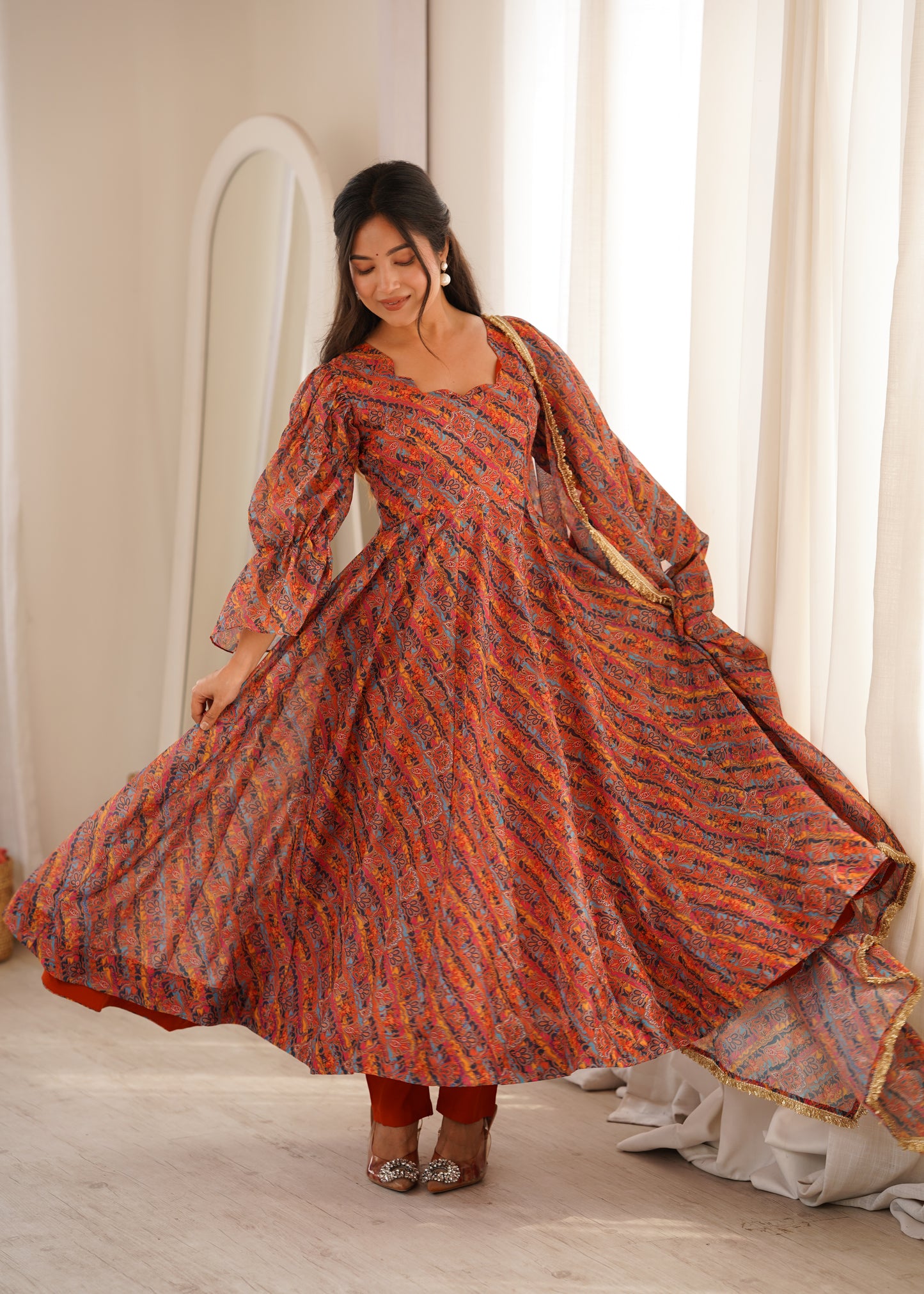 Sunset Printed Puff Sleeves Anarkali