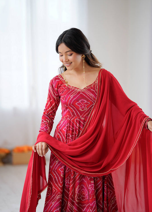 Classic Red Bandhani Gown Set