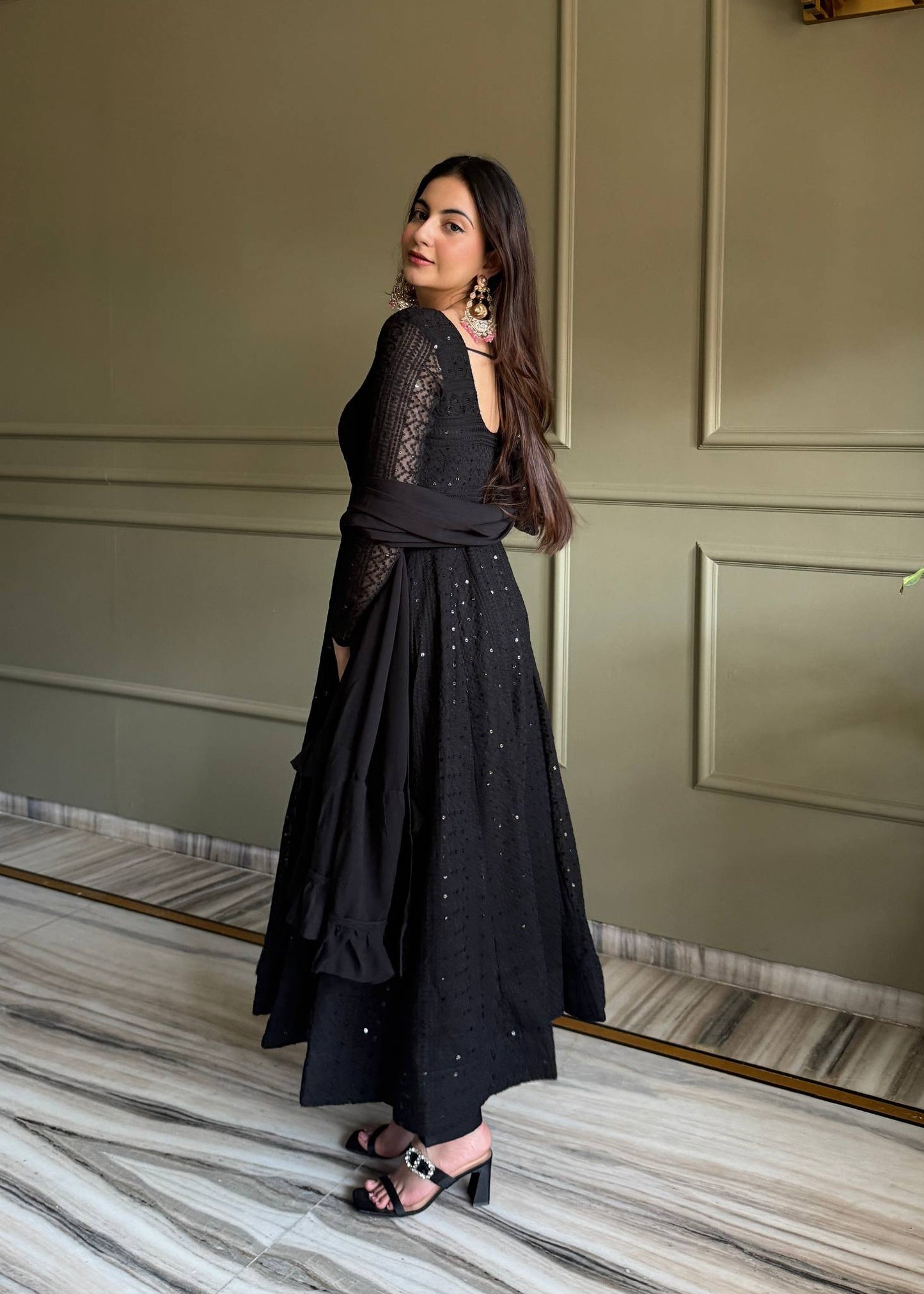 Black Flow Flared Anarkali Set
