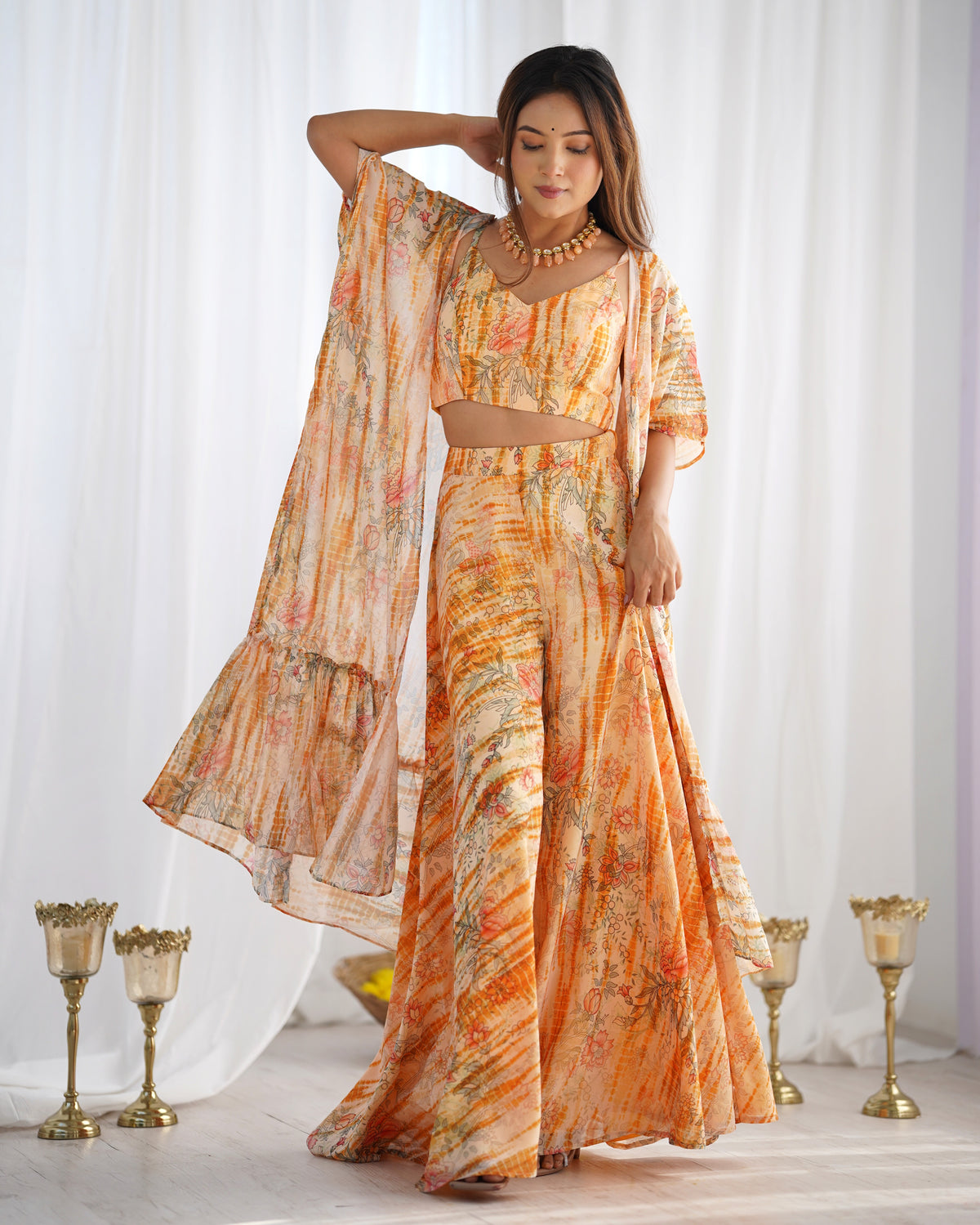 Peach Floral Print Indo Western Shrug Set