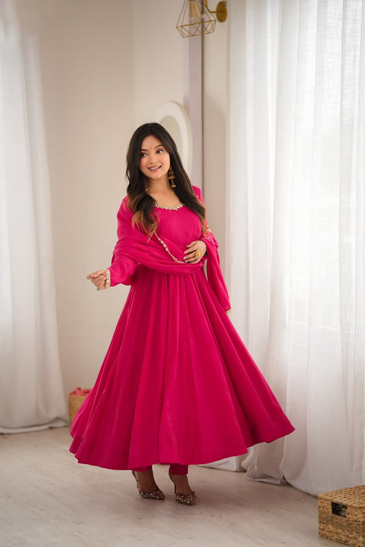 Rani Pink Chanderi Mirror Work Anarkali Set