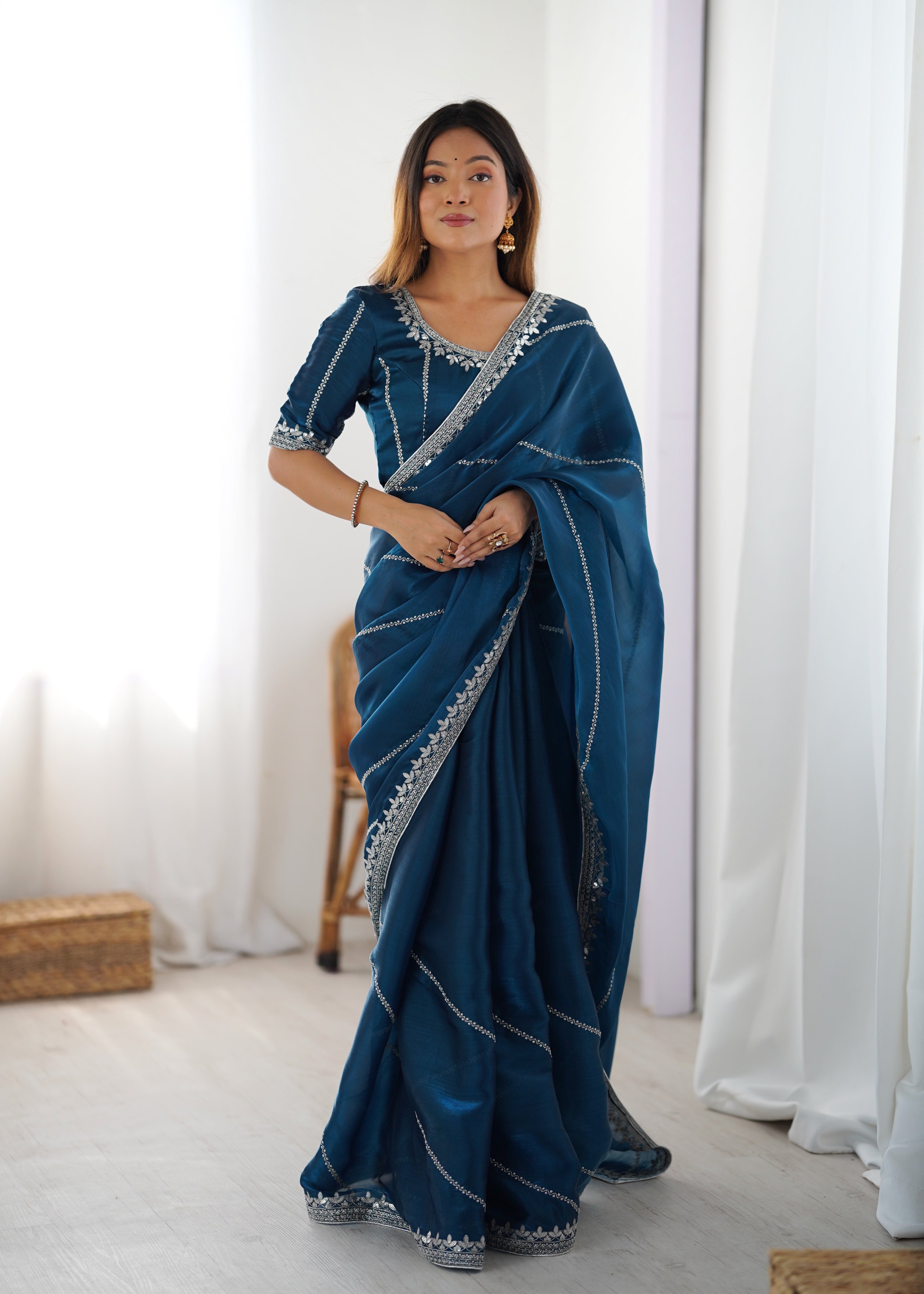 Thread & Sequin Embroidered Silk Saree