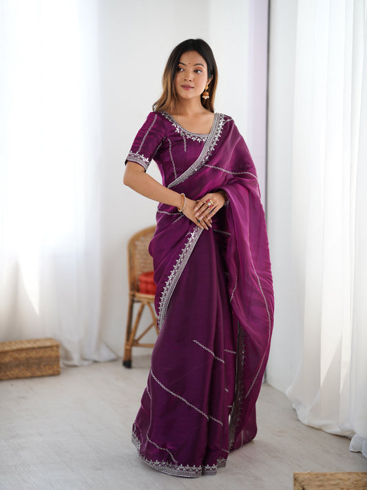 Thread & Sequin Embroidered Silk Saree