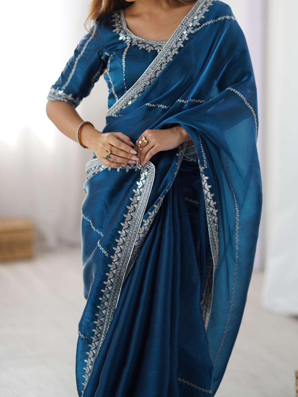 Thread & Sequin Embroidered Silk Saree