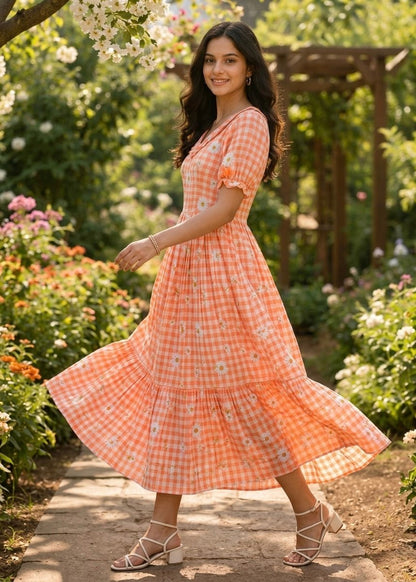 Dreamy Pastel Checked Flare Maxi Dress