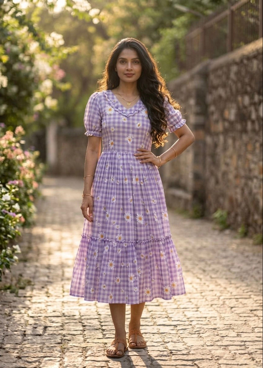 Dreamy Pastel Checked Flare Maxi Dress