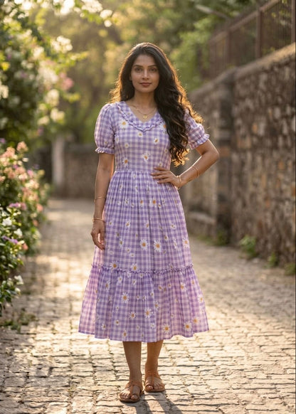 Dreamy Pastel Checked Flare Maxi Dress