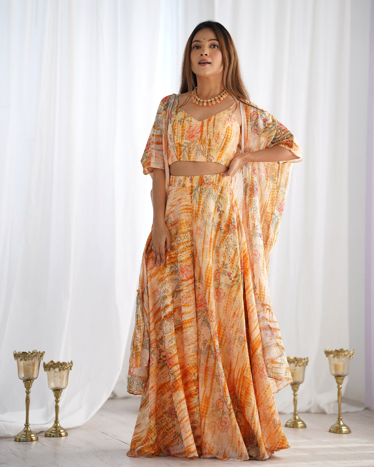 Peach Floral Print Indo Western Shrug Set