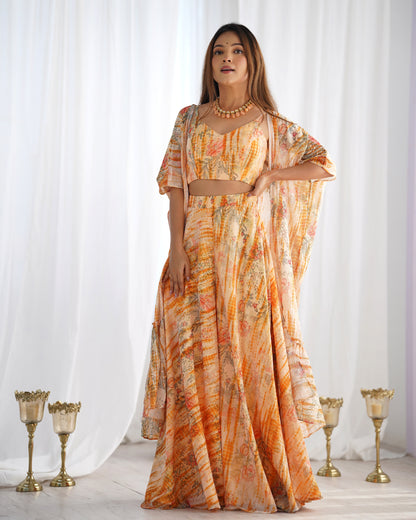 Peach Floral Print Indo Western Shrug Set