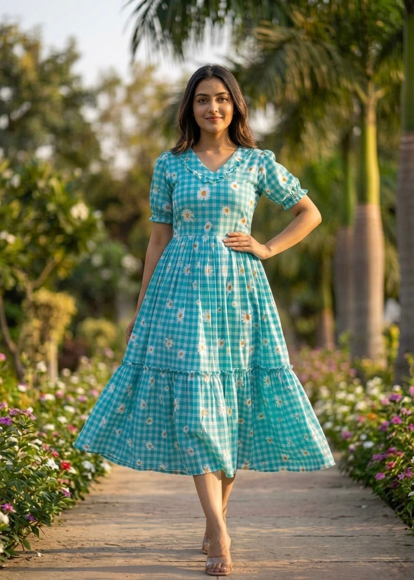 Dreamy Pastel Checked Flare Maxi Dress