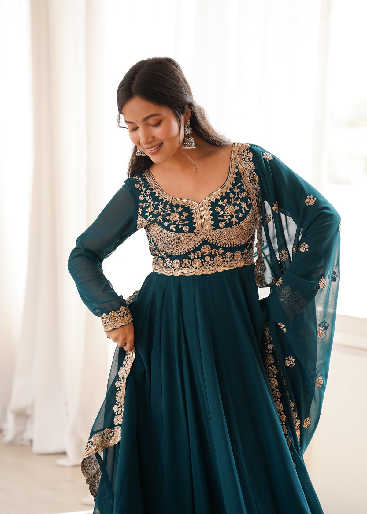 Teal Sequin Embroidered Gown Set