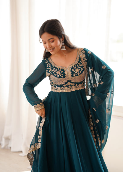 Teal Sequin Embroidered Gown Set