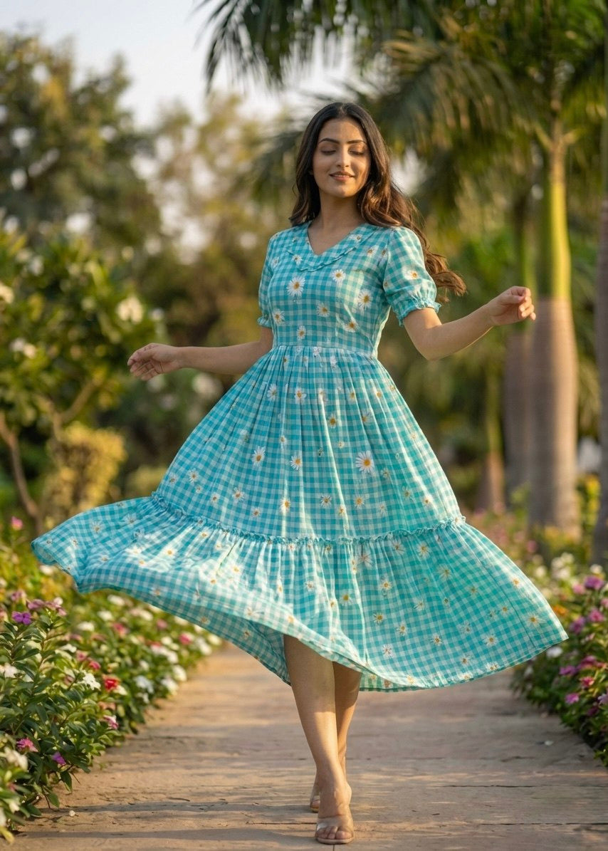 Dreamy Pastel Checked Flare Maxi Dress