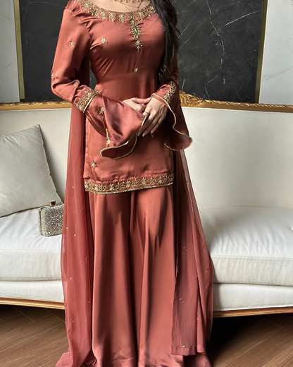 Rust Rose Embroidered Sharara Suit Set
