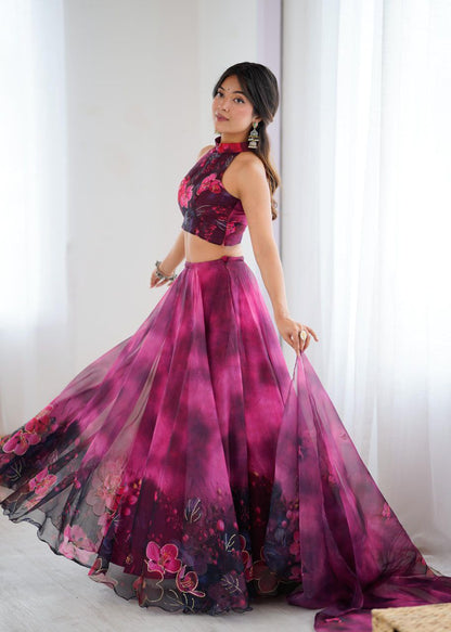 Modern Halter Neck Organza Lehenga Set