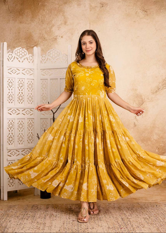 Sunshine Yellow Printed Maxi Gown