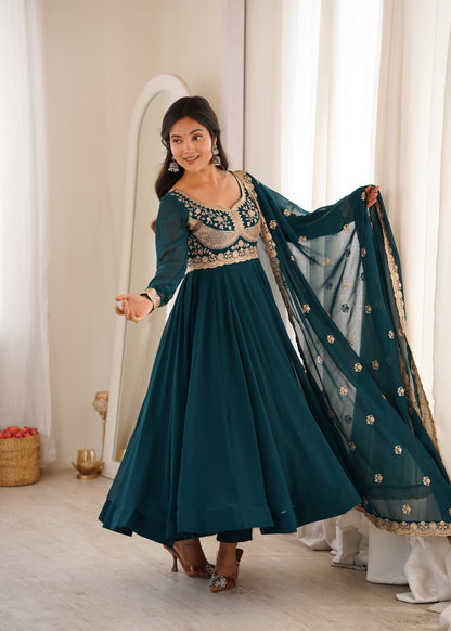 Teal Sequin Embroidered Gown Set