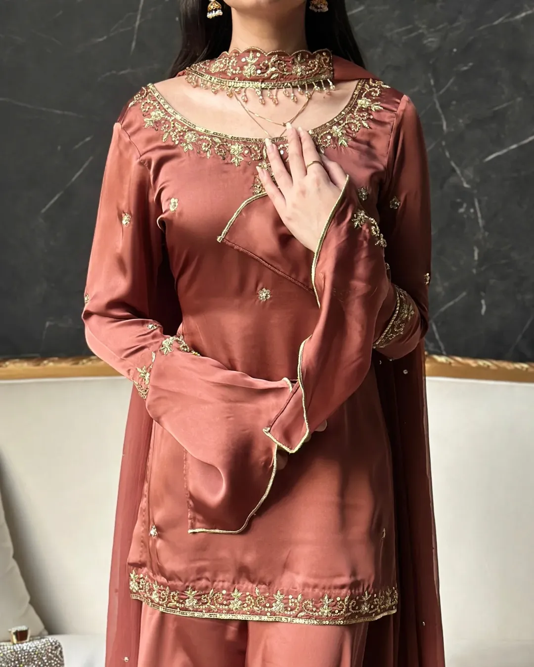 Rust Rose Embroidered Sharara Suit Set