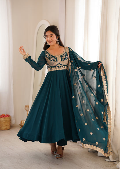 Teal Sequin Embroidered Gown Set