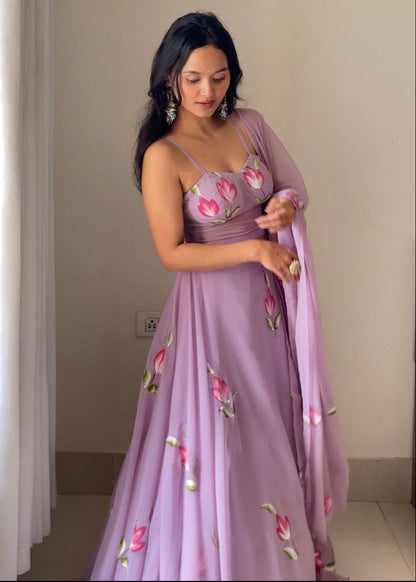 Soft Purple Hand-Painted Lehenga Set