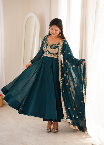 Teal Sequin Embroidered Gown Set