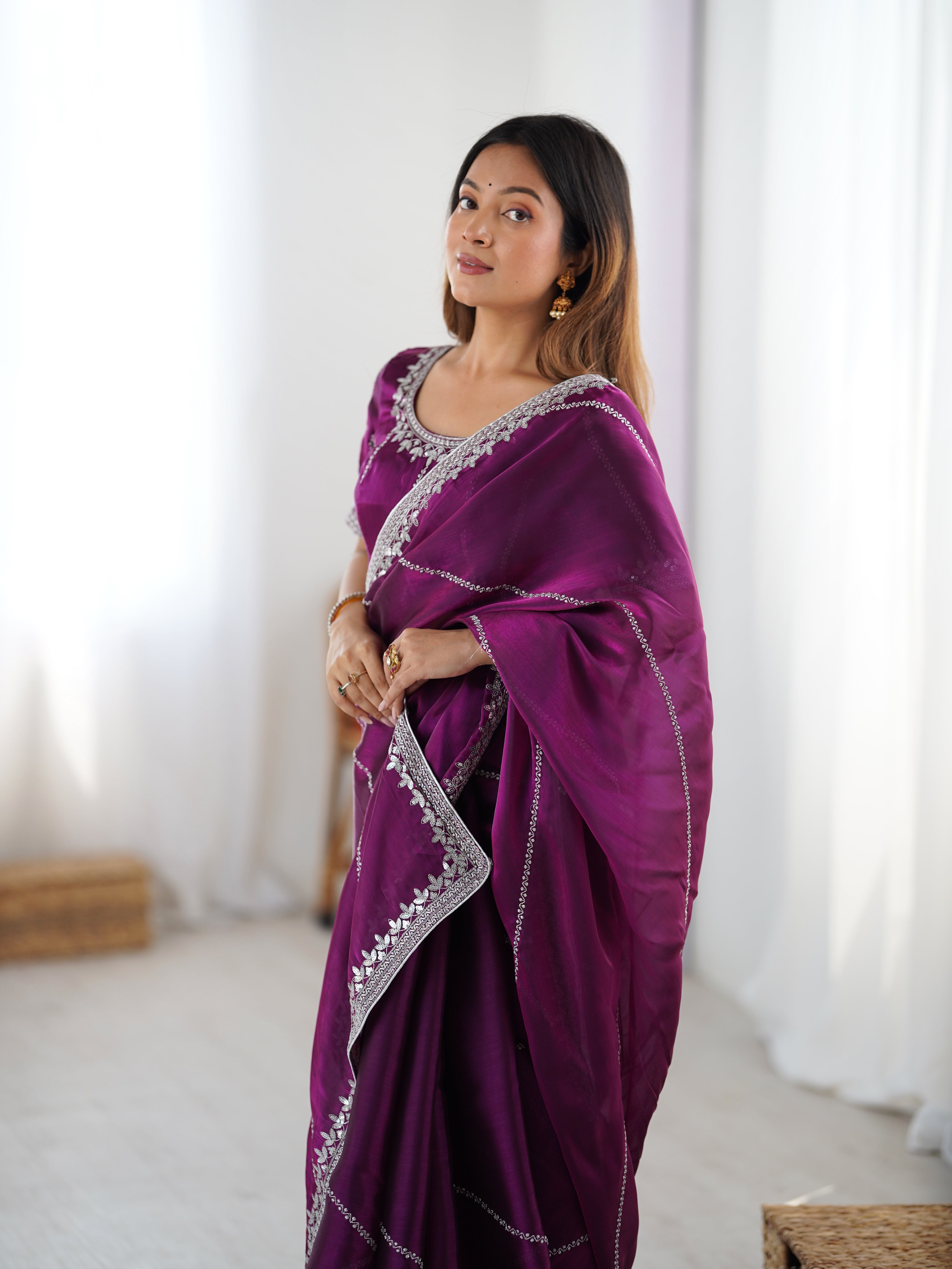 Thread & Sequin Embroidered Silk Saree