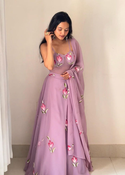 Soft Purple Hand-Painted Lehenga Set