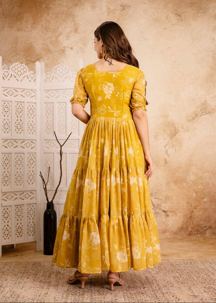 Sunshine Yellow Printed Maxi Gown