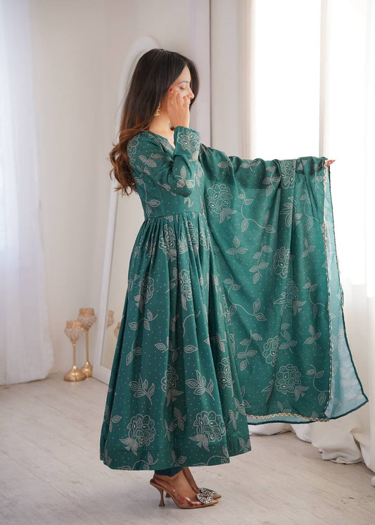 Emerald Green Floral Print Anarkali Set