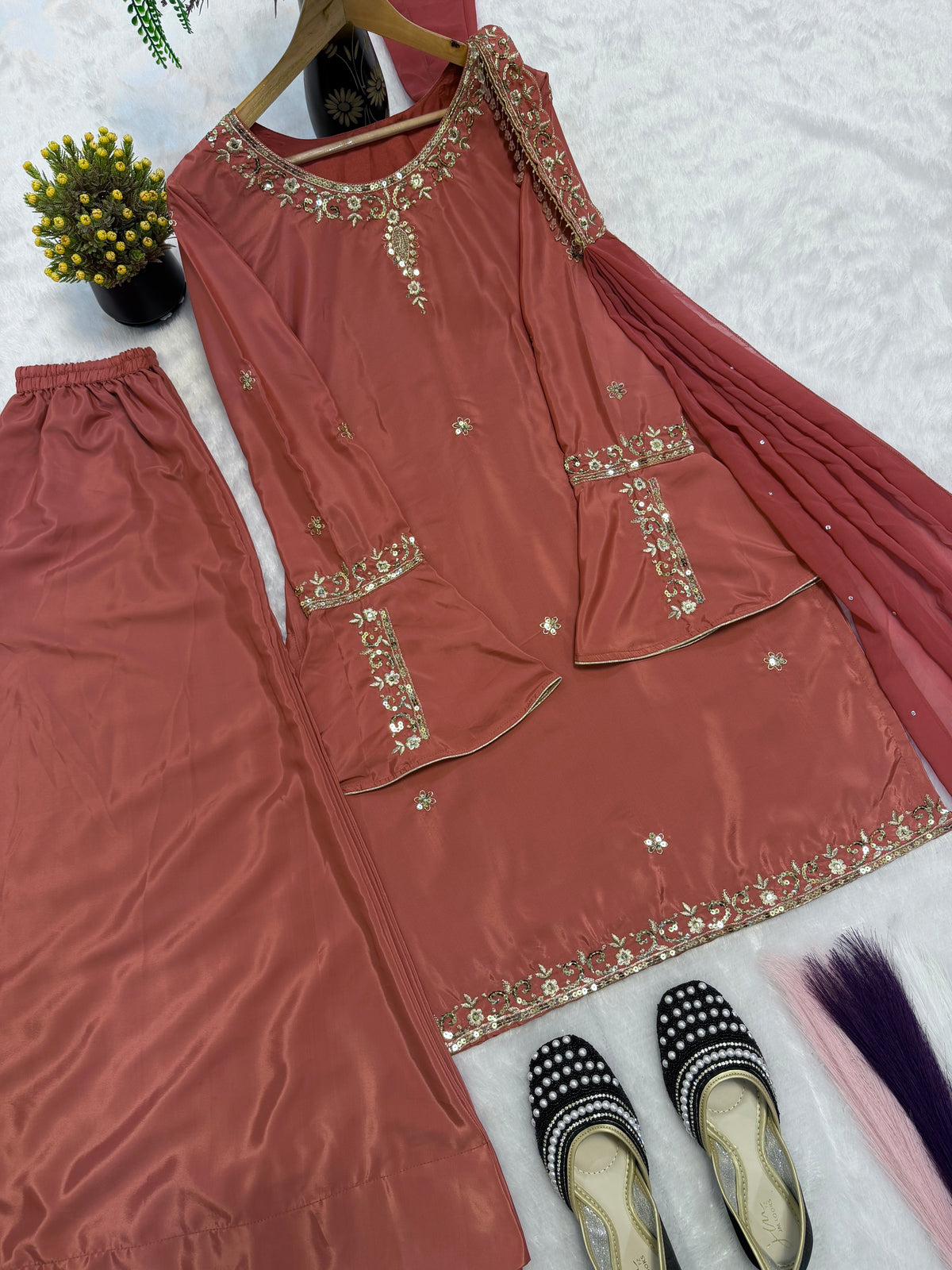 Rust Rose Embroidered Sharara Suit Set