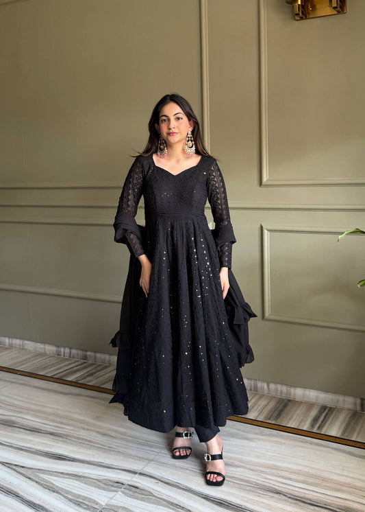 Black Flow Flared Anarkali Set