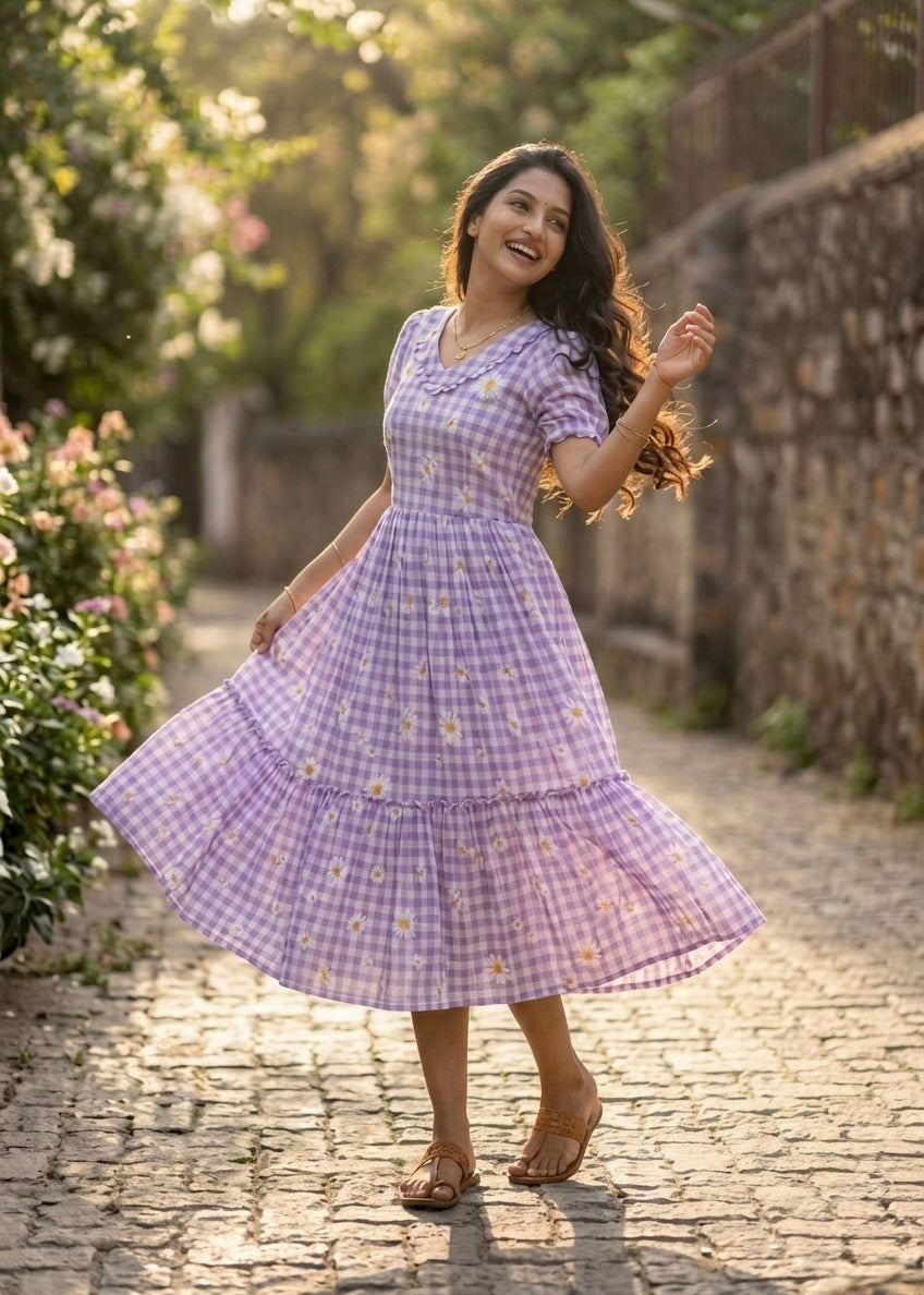 Dreamy Pastel Checked Flare Maxi Dress