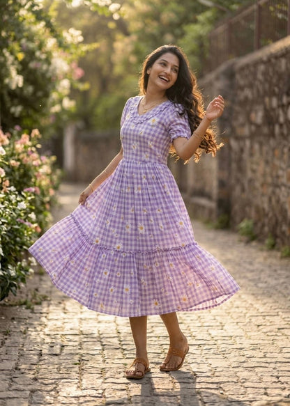Dreamy Pastel Checked Flare Maxi Dress