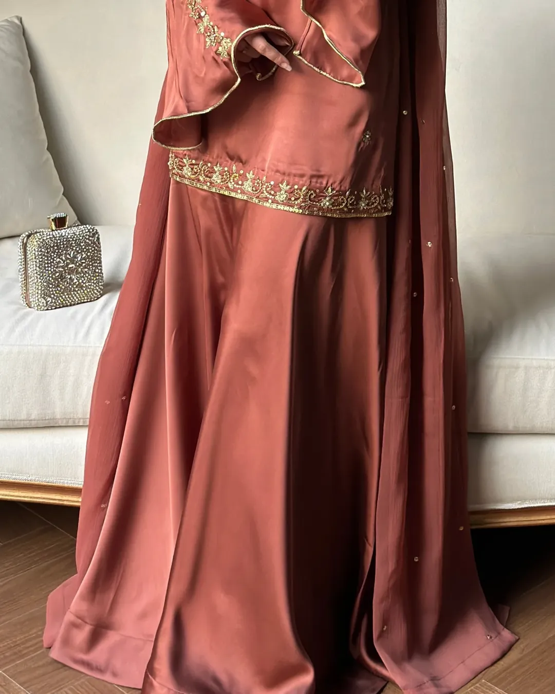 Rust Rose Embroidered Sharara Suit Set