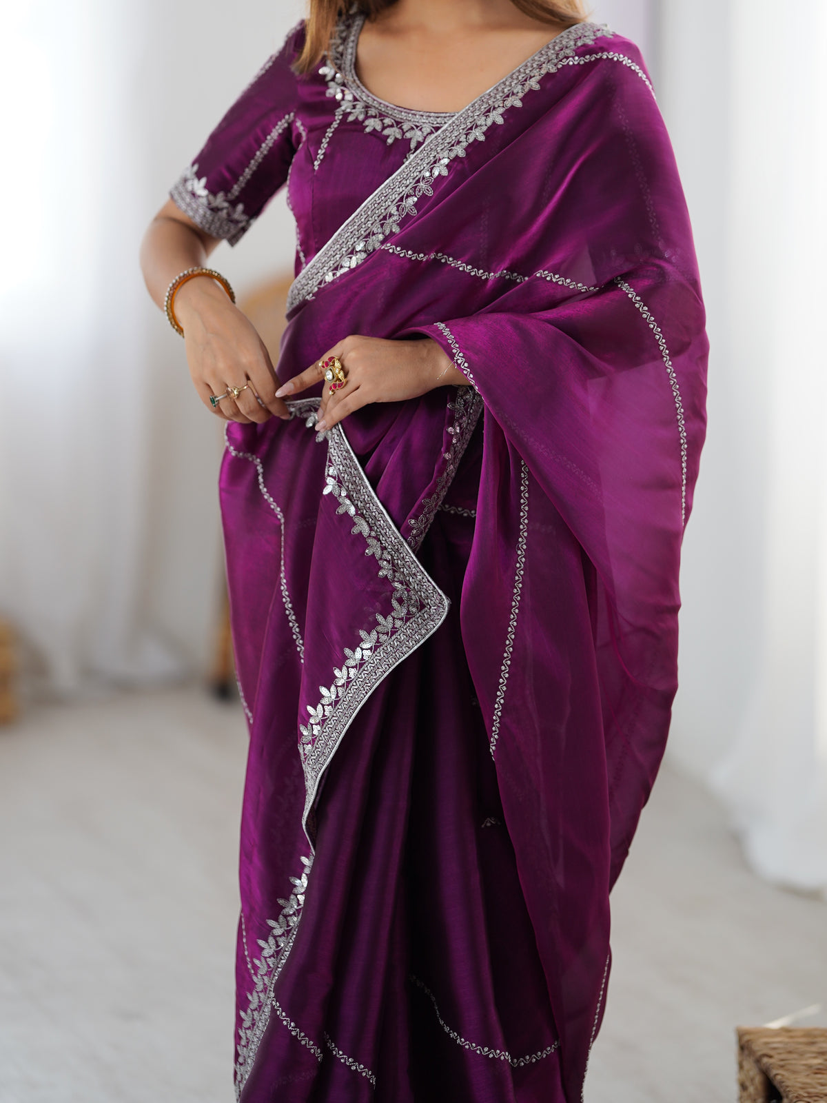 Thread & Sequin Embroidered Silk Saree