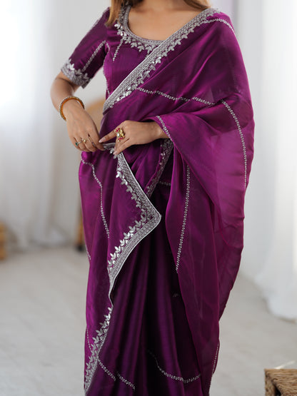 Thread & Sequin Embroidered Silk Saree