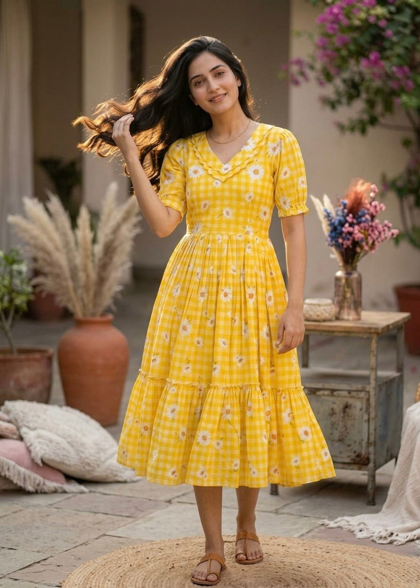 Dreamy Pastel Checked Flare Maxi Dress