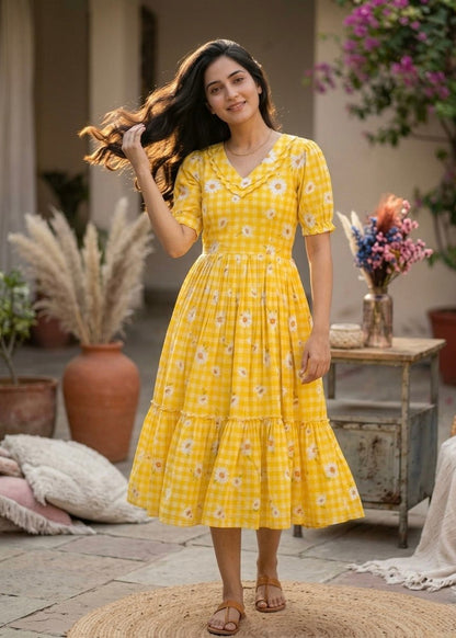 Dreamy Pastel Checked Flare Maxi Dress