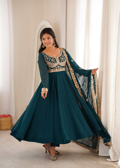 Teal Sequin Embroidered Gown Set
