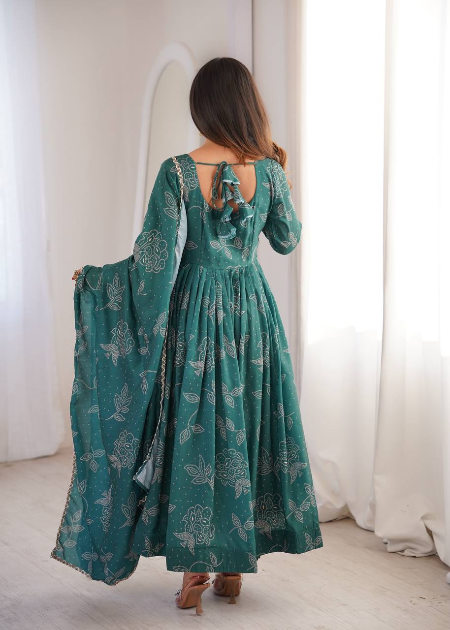 Emerald Green Floral Print Anarkali Set
