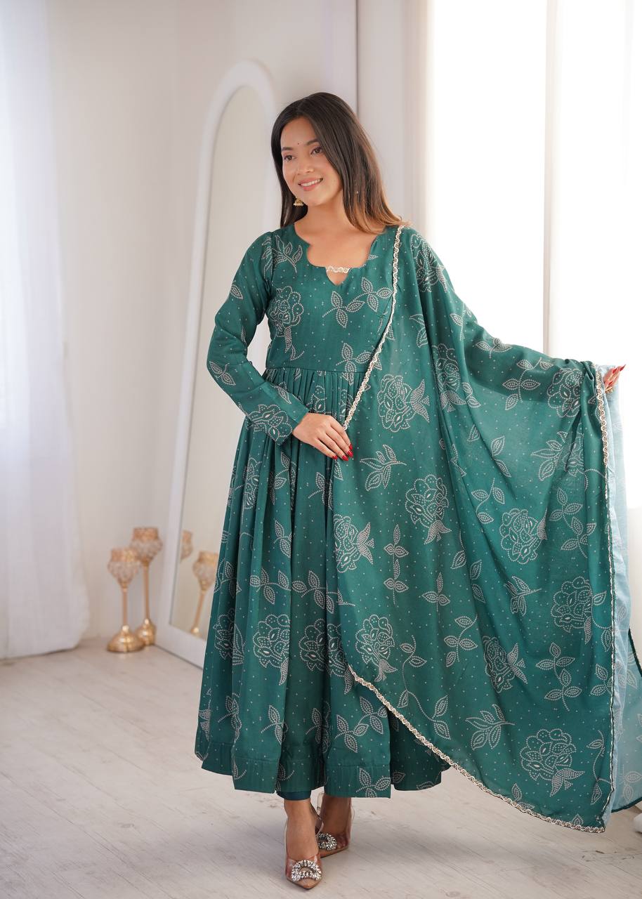 Emerald Green Floral Print Anarkali Set