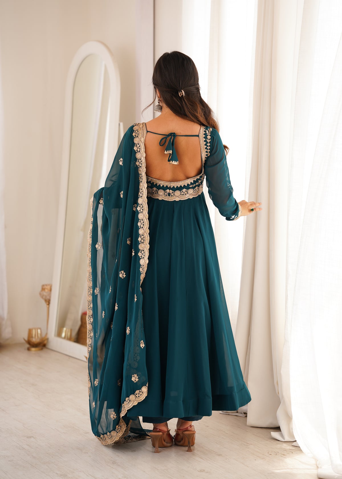 Teal Sequin Embroidered Gown Set