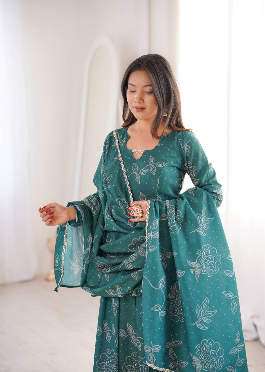 Emerald Green Floral Print Anarkali Set