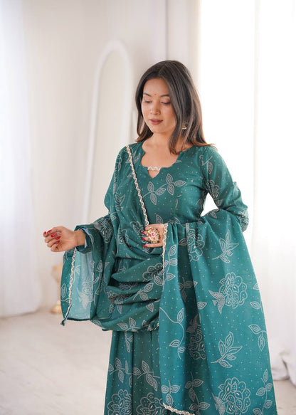 Emerald Green Floral Print Anarkali Set