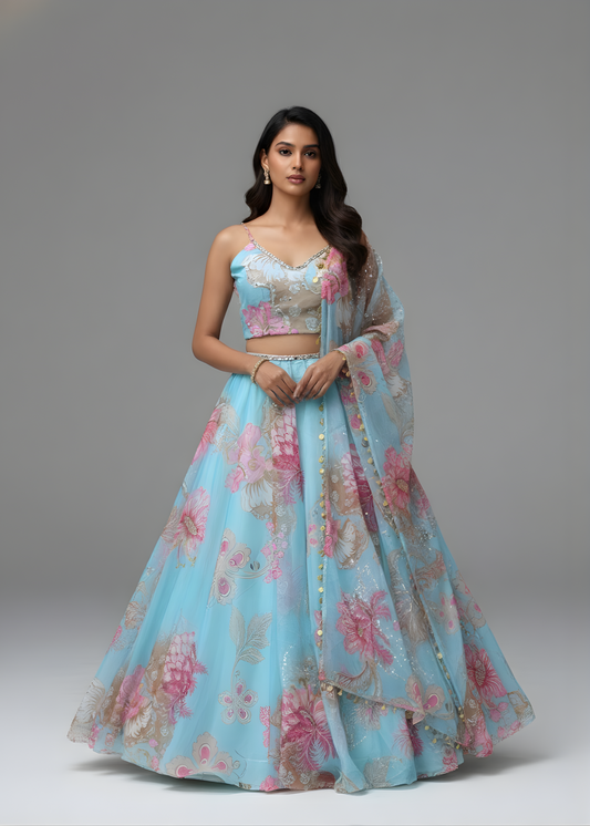 Blue Blossom Floral Printed Lehenga